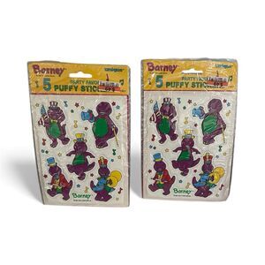 90s Barney Puffy Stickers 5 VTG Lyons Purple Dinosaur Party Favors 2 Packs NEW